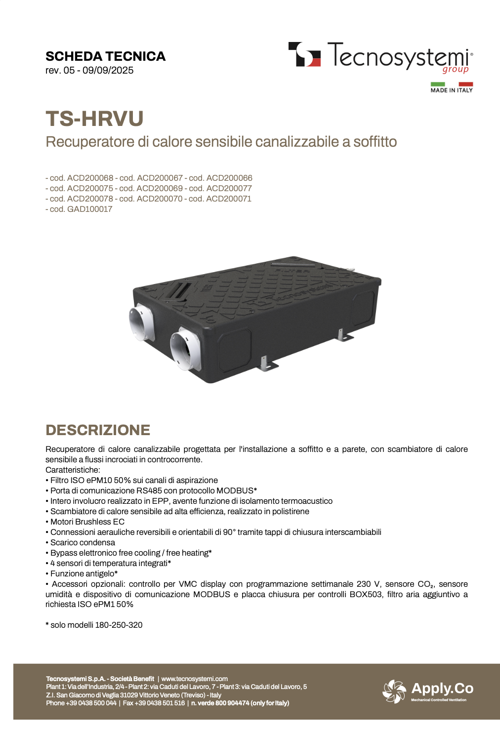 Scheda tecnica TS-HRVU Tecnosystemi